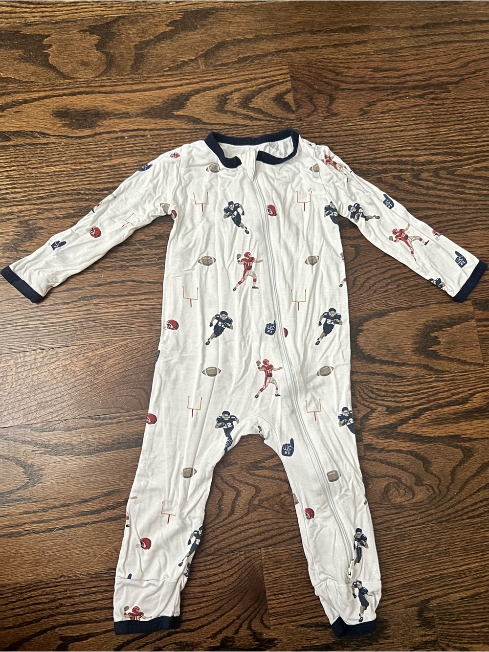 Kyte BABY White Football Print Footie Pajamas with Navy & Red Accents